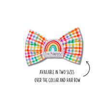 Load image into Gallery viewer, Colorful Plaid bow tie with &quot;Be Happy&quot; feltie made with Alligator hair clip, over the collar or elastic headband (2 sizes available)
