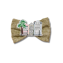 Load image into Gallery viewer, Rainbow Row on Burlap Feltie Bow Tie  made with Alligator hair clip, over the collar or elastic headband (2 sizes available)
