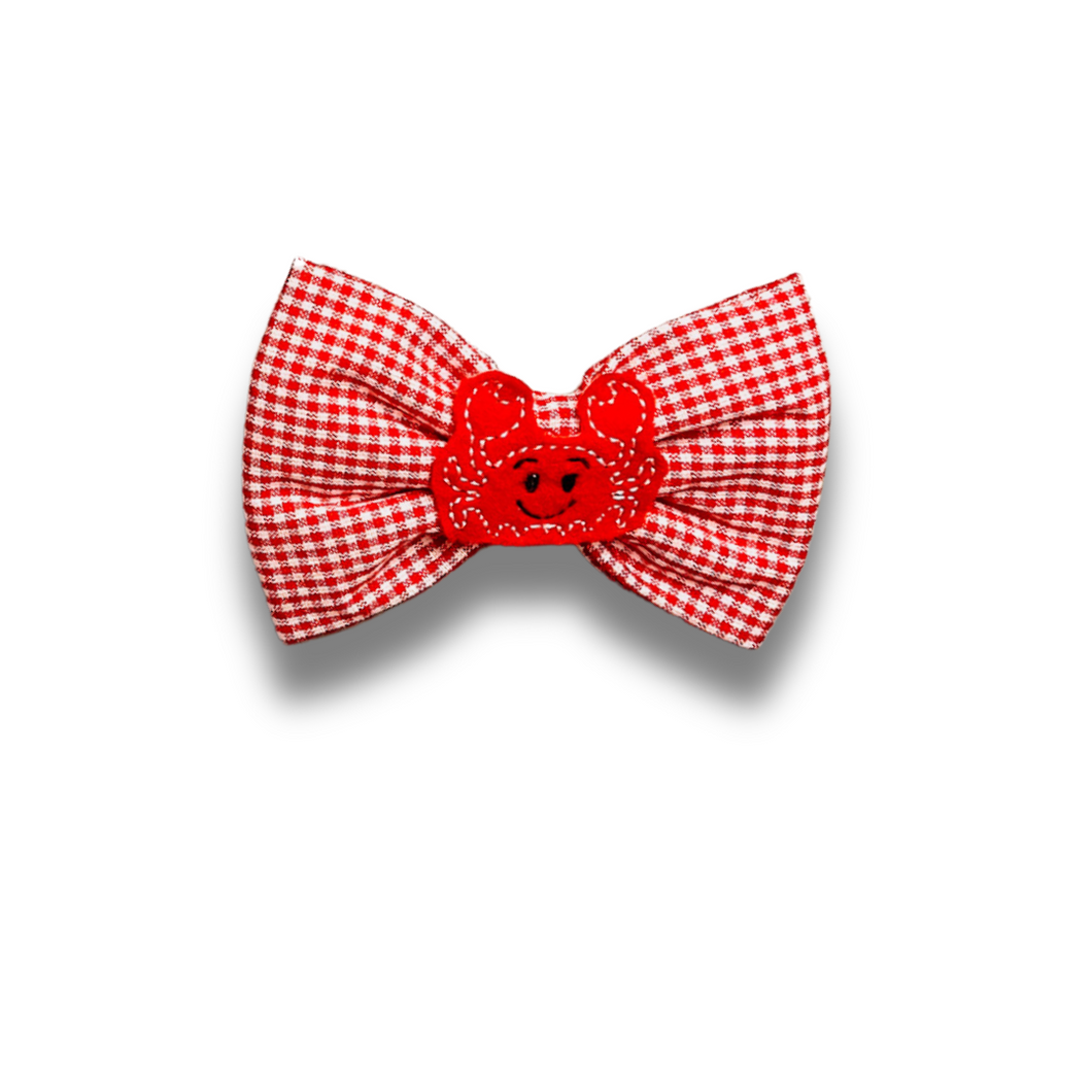 Crab on red check feltie  bow tie made with Alligator hair clip, over the collar or elastic headband (2 sizes available)