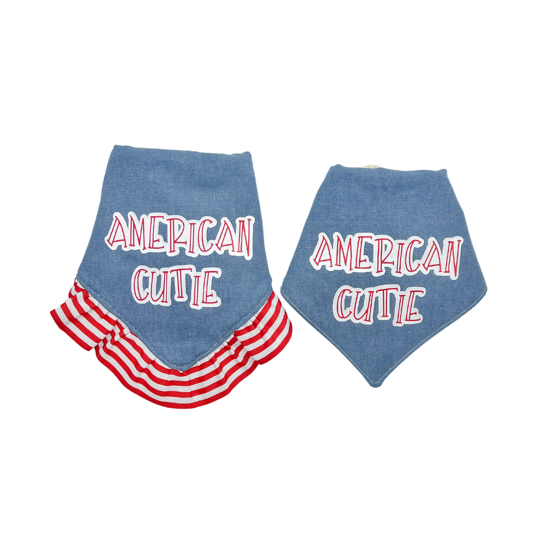 American Cutie bandana with soft macrame cord tie closure available with or without ribbon ruffle trim (Look for matching hair bow)