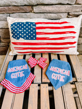 Load image into Gallery viewer, American Cutie bandana with soft macrame cord tie closure available with or without ribbon ruffle trim (Look for matching hair bow)
