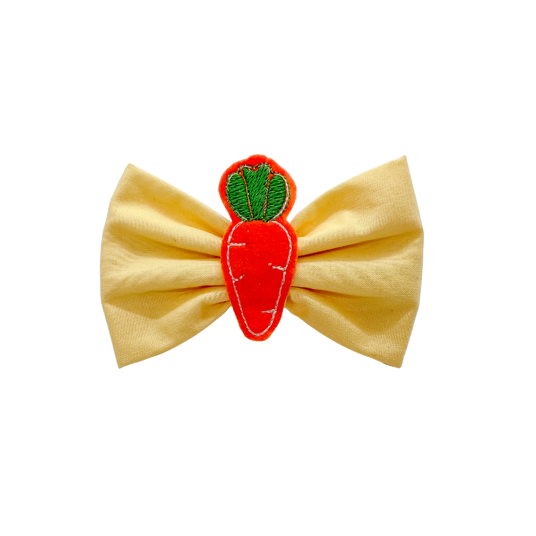 Yellow Bow Tie with embroidered feltie carrot center made with Alligator hair clip, over the collar or elastic headband (2 sizes available)